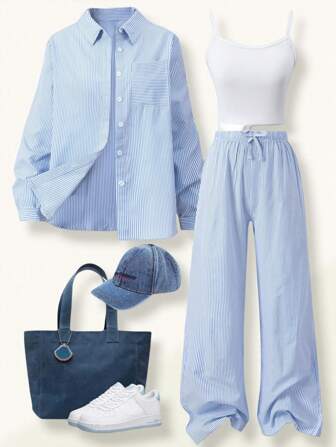 SHEIN Casuvi Kids 2 件青少年女孩条纹宽松上衣和直腿裤休闲套装