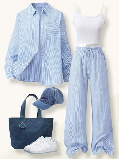 SHEIN Casuvi Kids 2 件青少年女孩条纹宽松上衣和直腿裤休闲套装