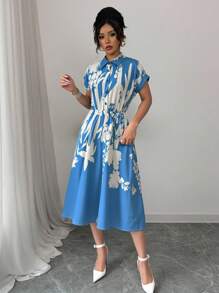 Rafferiza 女式蝙蝠袖衬衫领系带腰部花卉印花连衣裙