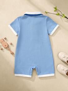 SHEIN Sommer Retro Gentleman Stil Lässig Baby Jungen Jumpsuit, Kontrast Polokragen Halber Knopf Strick Stoff Kurzes Bein Romper - Blau - Übersicht 2