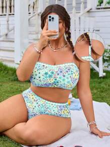 Swim Mod 加大码女式两件套花卉印花泳衣套装，可拆卸肩带，花卉贴花设计，系带腰部三角形泳裤，性感时尚，适合夏季海滩和泳池度假 - 彩色 - 查看 1