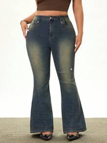 Rina Fox Quần Jeans Ống Loe Vintage Cỡ Lớn Thiết Kế - Rửa tối - Xem 1