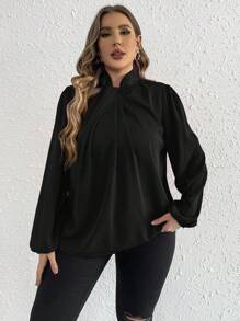 SHEIN Privé Plus Twist Front Lantern Sleeve Blouse Spring To Summer - Black - View 7