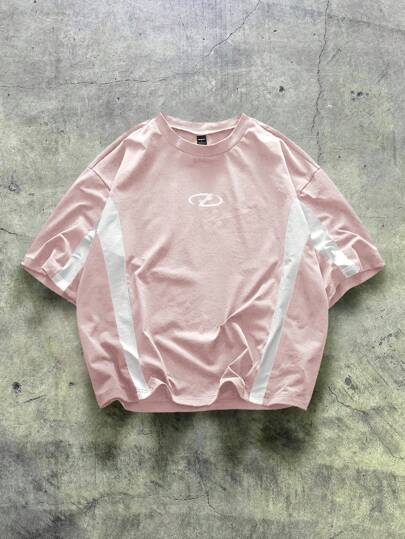 AXEPEAK Men's Knitted Casual Loose Short Sleeve Patchwork T-Shirt, Daily Wear For Young Adults, Streetwear Edit, 2000s Style