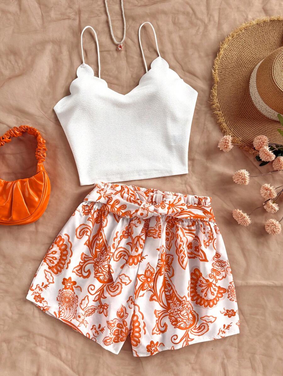 Soleia 2 piezas Conjunto de pantalones cortos y top de mujer de verano, pantalones cortos azules retro con estampado y top de tirantes con adorno de teñido anudado, pantalones cortos holgados de cintura elástica con estampado floral, conjunto de ropa de verano de 2 piezas para vacaciones - Naranja - Ver 1