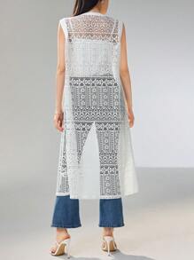 TrendSteals Women's Elegant Summer Sleeveless Button-Down Long Top, Hollow Design - White - View 5