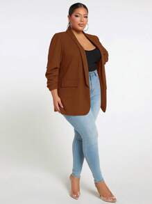 SHEIN Tall CURVE 秋冬大码女式纯色披肩领长袖休闲西装外套 - 棕色 - 查看 5