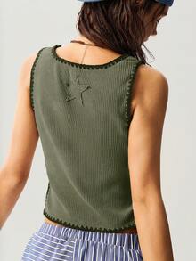 Bohemela Áo croptop dệt kim trơn ôm sát dành cho nữ, áo tank top dệt kim mùa xuân/hè, áo mùa hè cho nữ, áo dệt kim nữ, áo mùa hè cho nữ. - xanh quân đội - Xem 6