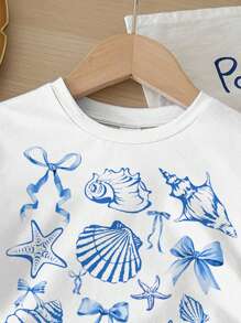 SHEIN 2 件套可爱海洋生物、贝壳、蝴蝶结印花休闲夏季服装 - 适合年轻女孩的短袖上衣和短裤套装，非常适合度假、海滩周末、可爱夏季服装、夏季儿童用品、韩式风格、海滩模式、夏季出游物品 - 彩色 - 查看 4