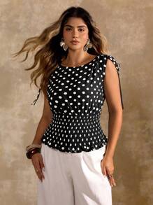 Roveilla 大码女式圆点拼色蝴蝶结领口修身衬衫，优雅的办公室/通勤服装，适合夏季、户外、工作场所、商务休闲和正式场合 - 黑與白 - 查看 8