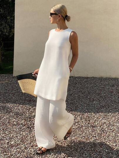 Livesso 2 Stücke Damen einfarbiger lässiger Langarm-Tank-Top und Weit geschnittene Hose Set, Urlaubskleidung, Sommer