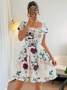 Elenzga 女士度假风方领泡泡袖花卉印花迷你连衣裙