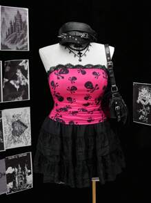 Flirla Áo ba lỗ ngắn không tay cỡ lớn cho nữ, họa tiết đầu lâu màu hồng cánh sen phong cách Punk, gợi cảm cá tính cho các buổi hẹn hò và tiệc tùng - Màu Hồng Tươi - Xem 1