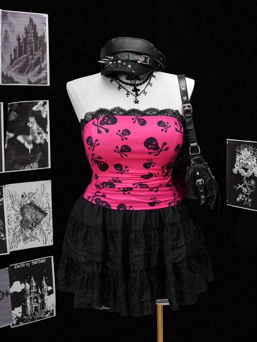 Flirla Áo ba lỗ ngắn không tay cỡ lớn cho nữ, họa tiết đầu lâu màu hồng cánh sen phong cách Punk, gợi cảm cá tính cho các buổi hẹn hò và tiệc tùng - Màu Hồng Tươi - Xem 1