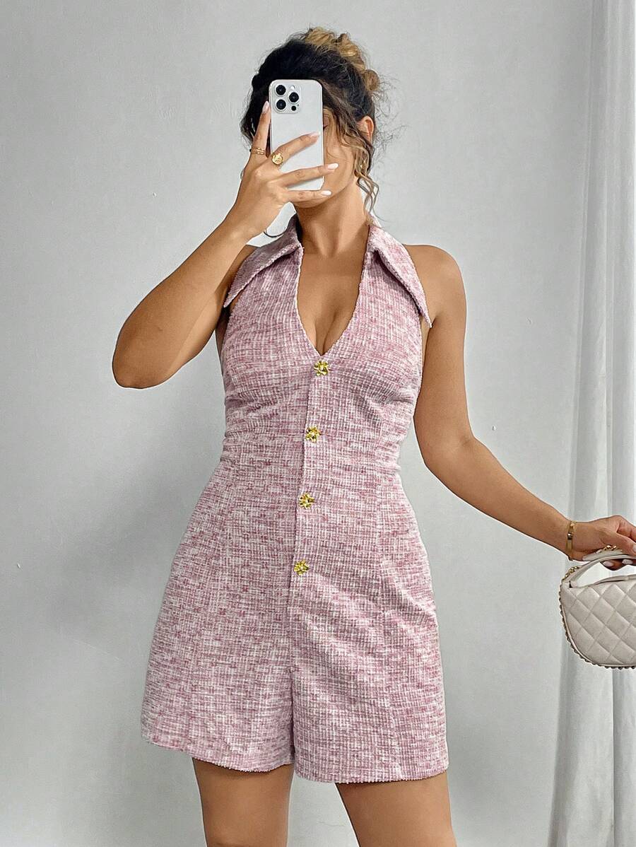 Elenzga Bộ đồ liền thân hở lưng thanh lịch cỡ lớn cho nữ - Hồng - Xem 1