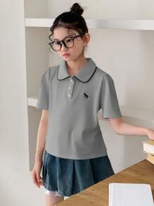 Dazy Kids Tween 女童夏季马匹印花 Polo 领短袖休闲 T 恤 - 灰色 - 查看 2