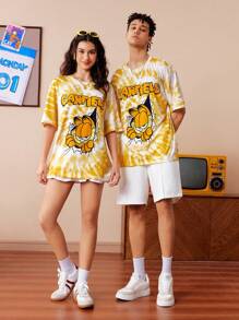 GARFIELD | SHEIN Áo thun nam cổ tròn tay ngắn họa tiết hoạt hình và nhuộm màu - Màu vàng - Xem 4