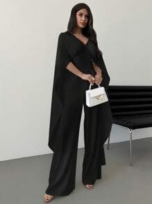 Firerie 女士优雅浪漫魅力度假 V 领披肩，超长袖，腰带 A 字形白色阔腿连体裤，春夏 - 黑色 - 查看 4