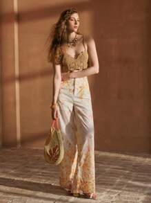 MOTF PREMIUM SCHIFFY FLORAL PRINT LACE TRIM WIDE LEG SUIT PANTS - Multicolor - View 6