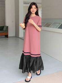 DAZY 女士撞色荷叶边下摆中长款短袖连衣裙，夏季休闲女装，教师装