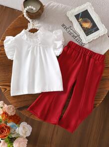 SHEIN 2pcs/Set Baby Girls 2025 Summer New Sleeveless Top + Red Casual Pants - Red - View 3