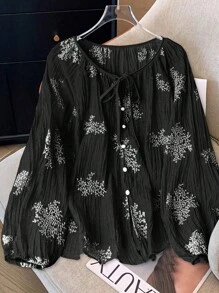 SHEIN Clasi Plus Size Women's Front-Tied Long Sleeve Casual Embroidered Shirt, Suitable For Vacation Fall Cloth For Women - Black - View 4