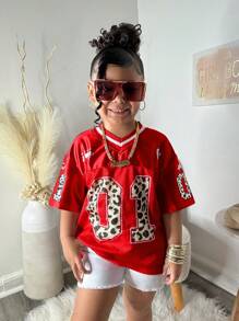 女童红色豹纹字母图案V领宽松T恤，运动休闲街头风足球衫，豹纹衬衫，红色女童款 - 紅色 - 查看 3