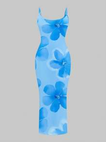 Slaydiva Plus Size Casual Summer Vacation Blue Floral Print Sleeveless Dress - Multicolor - View 3