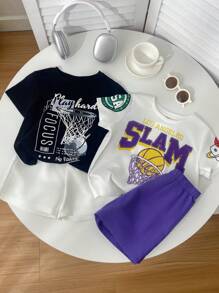 Set de 4 piese pentru băieți, casual, versatil, cu imprimeu de baschet, top cu mânecă scurtă și pantaloni scurți