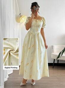 Modelyn Square Neck Digital Print Puff Sleeve Waistline Flared Hem Long Dress For Women - Multicolor - View 1