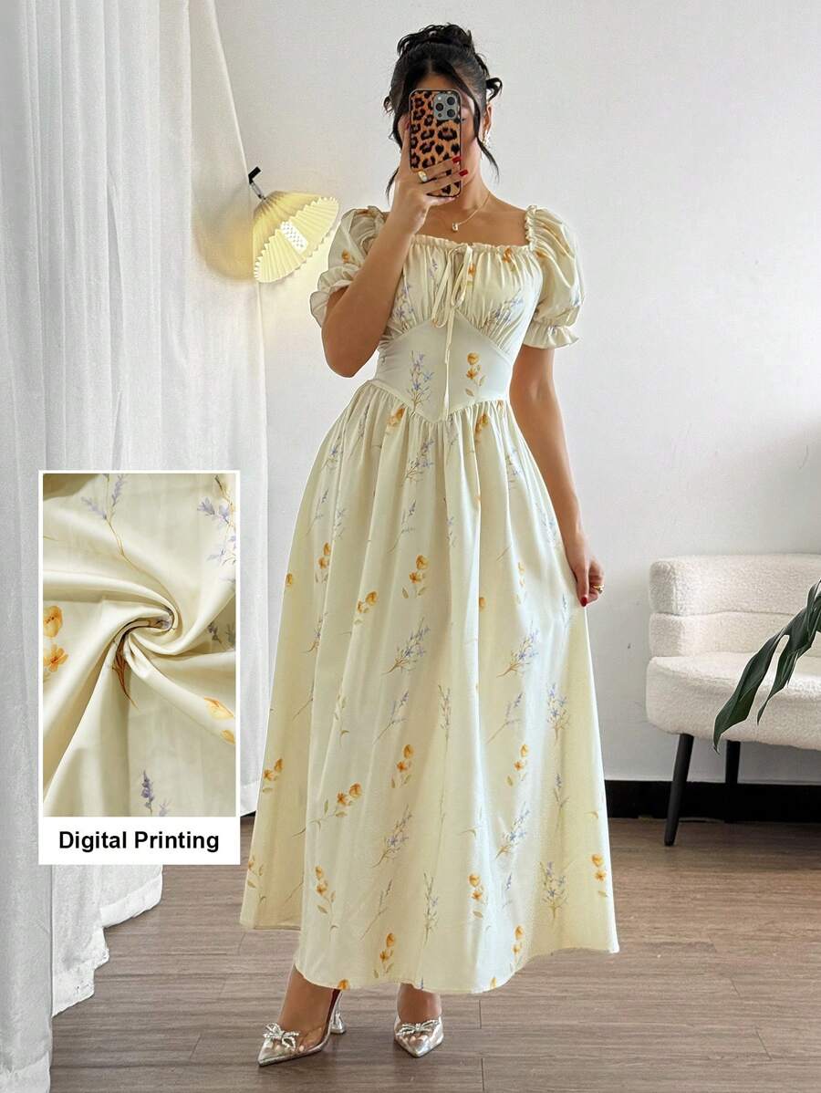 Modelyn Square Neck Digital Print Puff Sleeve Waistline Flared Hem Long Dress For Women - Multicolor - View 1