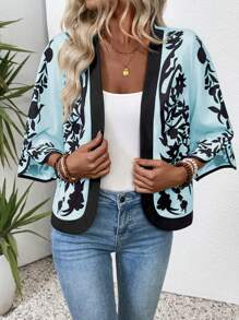 EMERY ROSE Women's Vacation Plant Print 3/4 Sleeve Open Front Lightweight Jacket - Blue - View 5