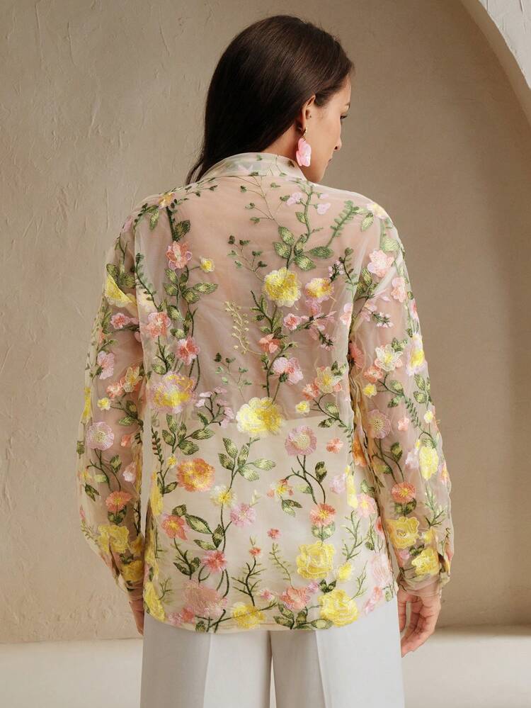 Blusa de Manga Longa com Colarinho e Bordado Decorativo para Mulheres no Verão