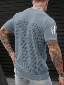 Manfinity Homme Plus Size Men's Numeric Pattern Round Neck Hollow Out Short Sleeve Knit Top - Multicolor - View 2