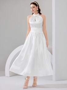 Poshira Women's Elegant Draped Neck Ruched Waist Formal Dress, Cocktail Dress - White - View 3