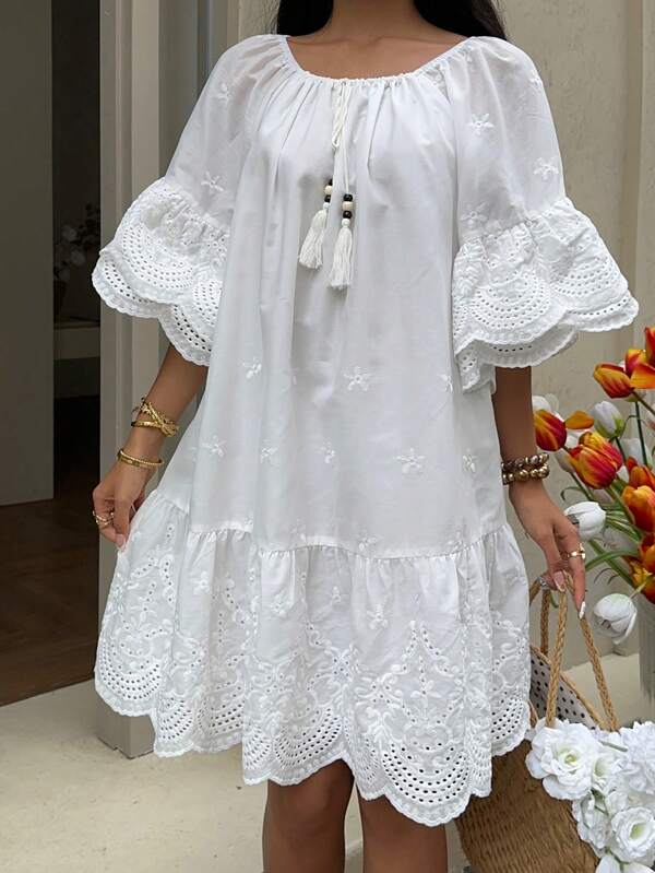 Muchica Vacation Dress  Women's Vacation Burnout Embroidered Tie Front Bell Sleeve Solid Color Loose Dress