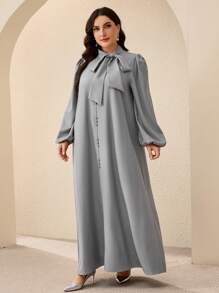 Al Najma Váy Abaya rộng rãi cổ chữ V tay đèn lồng màu trơn cho nữ cỡ lớn - Xám - Xem 6