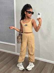 SHEIN 青少年女孩休闲街头风针织纯色吊带背心和慢跑裤套装 - 卡其色 - 查看 6