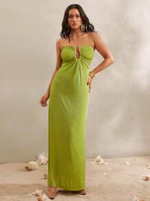 Silquee Women's Lime Green Tube Top Long Glitter Knitted U-Shaped Metal Button Dress,Elegant Summer Casual Beach Vacation Holiday Outfits,Stretch Slit Dress - Lime Green - View 5