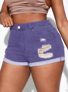 SHEIN SXY Quần short denim thường ngày đa năng có túi rách cỡ lớn cho nữ - Màu tím - Xem 1