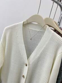 SHEIN Teen Girls' Solid V-Neck Cropped Casual Loose Drop Shoulder Long Sleeve Cardigan Sweater, Autumn Fall Winter - White - View 4