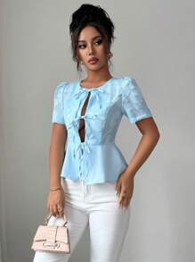 Elenzga Damen Sommer Blumen Jacquard Vorderteil mit Schleife, Bubikragen Kurzarm Bluse - Blau - Übersicht 6