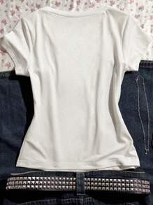 SHEIN EZwear 女士时尚 Y2K 短款上衣、性感短袖 T 恤、春夏衬衫 - 白色 - 查看 2