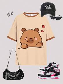 SHEIN Leap Crew 少女可愛水豚印花復古卡通動物印花休閒寬鬆落肩短袖T恤，適合夏季，少女用品 - 彩色 - 查看 2