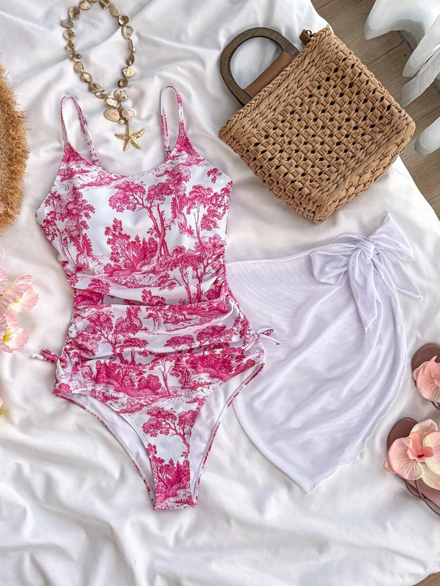SHEIN Leap Crew 少女度假碎花侧蝴蝶结装饰休闲连体泳衣（含罩衫裙）
