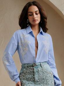 Anewsta Fashionable Versatile Embroidered Women Blouse Shirt - Blue - View 5