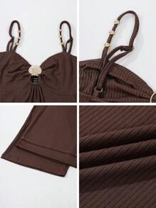 Gloray 女士金属外壳装饰吊带背心和裤子度假休闲套装，春夏 - 咖啡棕 - 查看 9