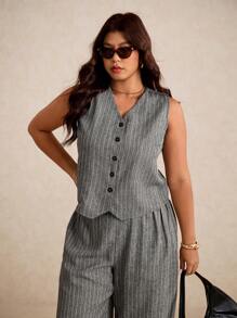 Elaquor 大码休闲通勤优雅条纹背心和直筒裤 - 灰色 - 查看 4