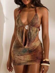 Opulessa 女士夏季扎染印花露背短款上衣和高开衩裙套装 - 鏽棕色 - 查看 3