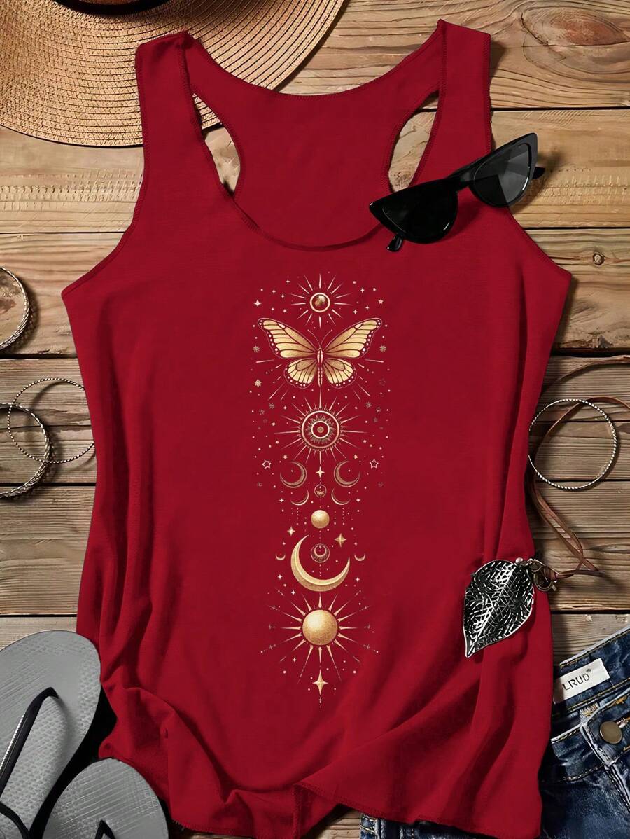 SHEIN LUNE Áo tank top nữ kiểu dáng thường ngày in hình thần mặt trời và bướm, thích hợp cho mùa xuân/hè, phong cách thường ngày. - Màu Đỏ Sâu - Xem 1